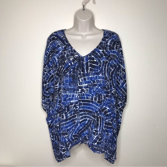Zozo Geometric Print Caftan Style Boxy Ruana Boho Blue Top Women's Size S/M - Picture 9 of 9
